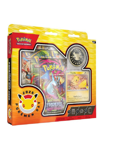 Pokémon Day 2026 Collection featuring foil Pikachu promo card, commemorative coin and three TCG booster packs