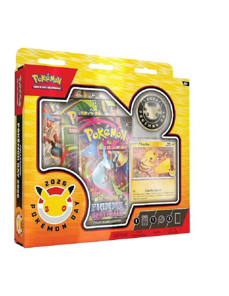 Collezione Pokémon Day 2026 con carta promo Pikachu olografica, moneta celebrativa e tre buste GCC Pokémon
