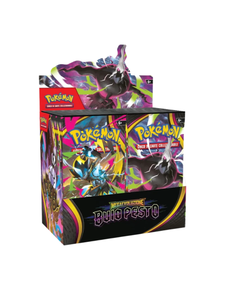 Aggiungi alla tua collezione le 36 buste del display GCC Pokémon Megaevoluzione Buio Pesto in italiano.
